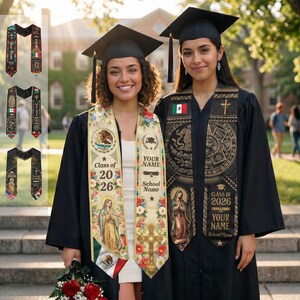 May include: Two graduates wearing black gowns and mortarboards, adorned with personalized graduation stoles. The stoles feature Mexican flags, religious imagery, floral designs, and the text "Class of 2026", "Your Name", and "School Name".