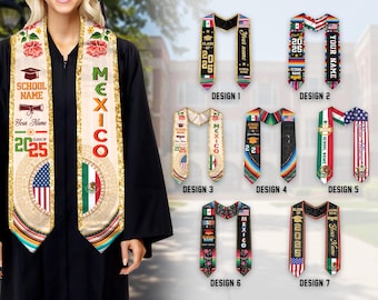 Personalized Mexican Graduation Sash, Mexican Flag Graduation Sash, Mexican Stole, Mexico Graduation Stole 2025, Custom Name & School Stole