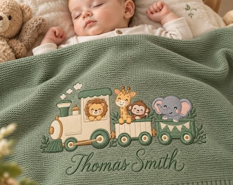 Personalized Embroidered Animal Baby Blanket, Custom Woodland Nursery Gifts, Safari Newborn Blanket, Baby Shower Gift, Welcome Baby Blanket