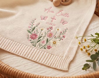 Personalized Baptism Baby Blanket, Custom Embroidered Flower Baby Blanket, Newborn Keepsake, Shower Gift for Baby Boy, Baby Girl, Infant