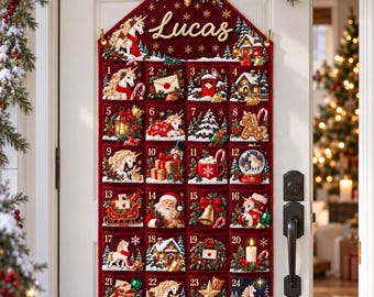 Custom Embroidered Name Unicorn Stocking Christmas 2026, Holiday Canvas Calendar, Custom Name Holiday Wall Hanging Gift, Fabric Wall Hanging