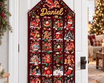 Custom Embroidered Name Dragon Stocking Christmas 2026, Holiday Canvas Calendar, Custom Name Holiday Wall Hanging Gift, Fabric Wall Hanging