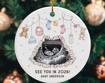 Custom Stork Baby Ornament, Baby Expecting See You In 2026, Personalized Baby Scan Christmas Bauble with Photo, Baby Arriving Xmas Decor