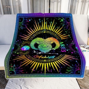 Personalized Zodiac Aries Blanket, Customized Name Constellations Blanket, 12 Horoscope Astrology Blanket, Horoscope Blanket Gift For Aries