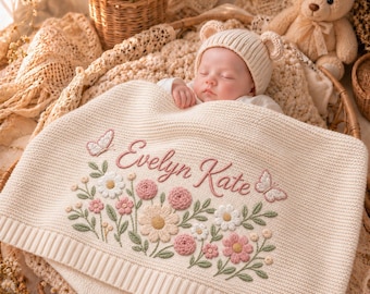 Custom Name Wildflower Embroidery Baby Blanket, Personalized Floral Knitted Blanket, Sea Nursery Blanket, Newborn Keepsake, Baby Shower Gift