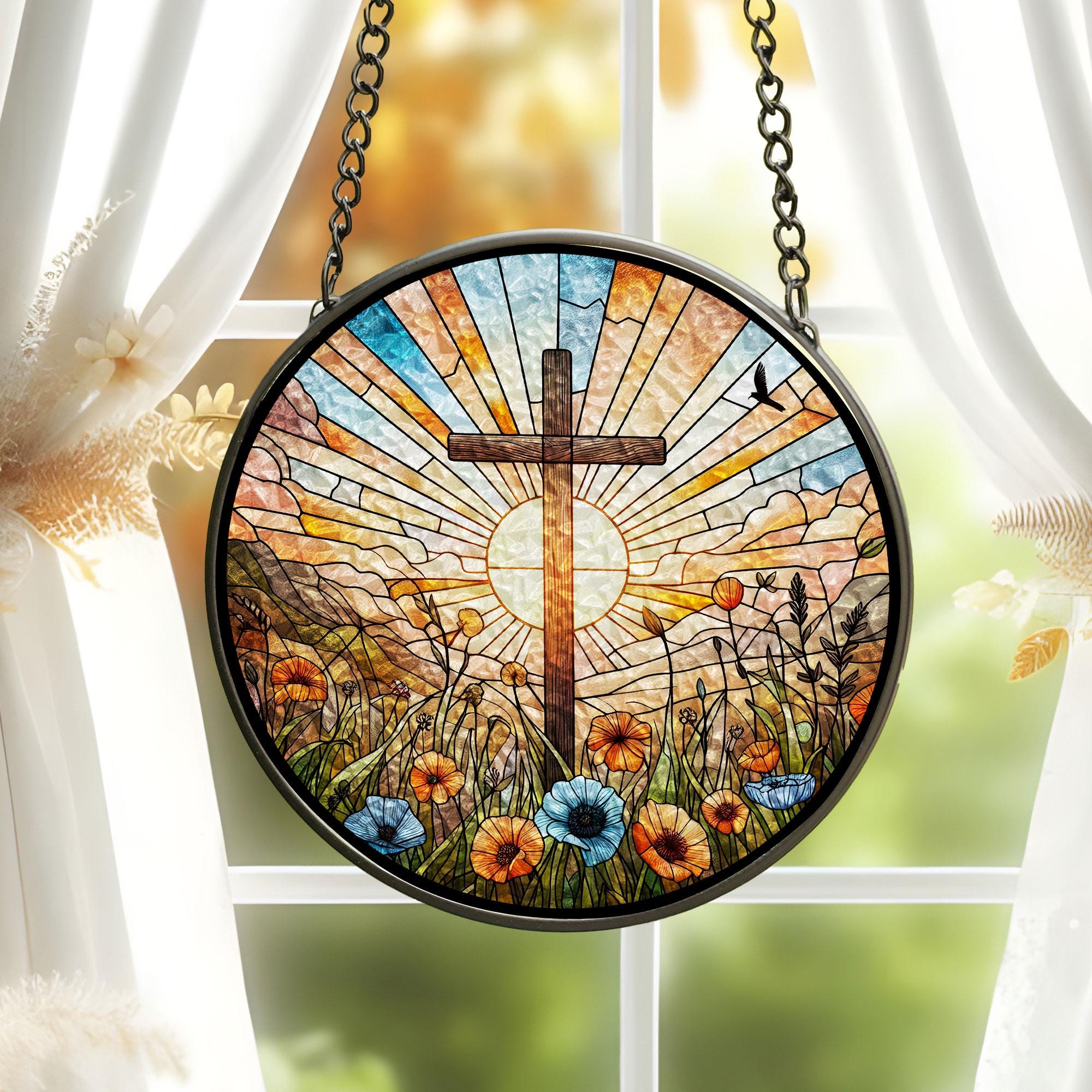 Christian Cross Stained Glass Suncatcher, Religious Home Decoration