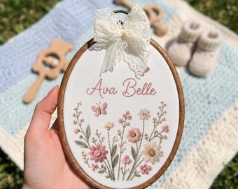 Custom Name Floral Oval Embroidery Hoop, Personalized Baby Name Wall Hoop, Floral Nursery Name Sign, Newborn Sign Decor, Baby Shower Gift