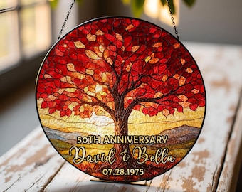 50th anniversary Personalized Tree of Life Suncatcher – Golden Wedding Gift, Handcrafted Stained Glass Art, Unique Anniversary Keepsake