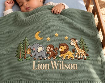 Personalized Embroidered Animal Baby Blanket, Custom Woodland Nursery Gifts, Safari Newborn Blanket, Baby Shower Gift, Welcome Baby Blanket