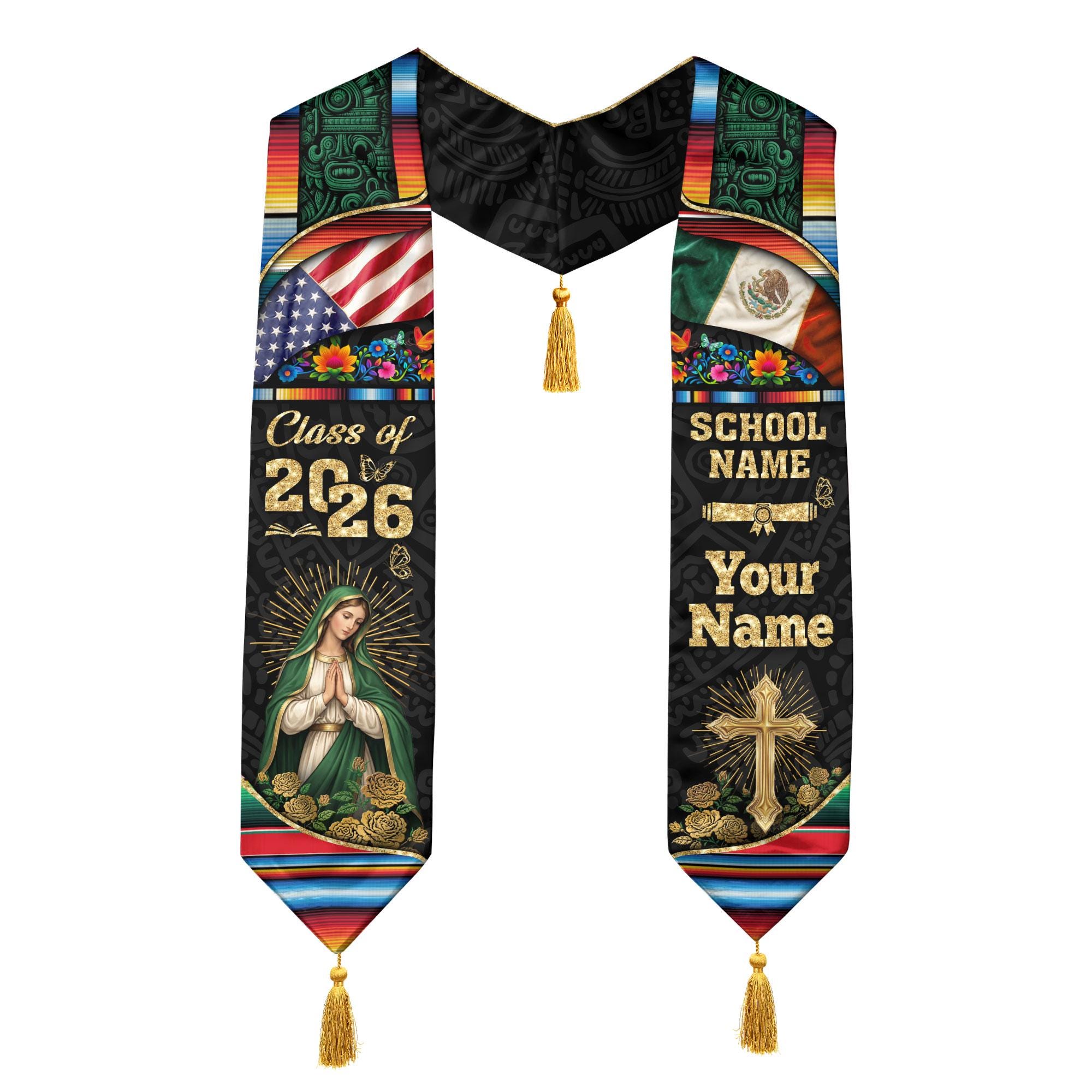 Custom Mexican Graduation Tassel Sash, Aztec Pattern Stole Grad, Mexico ...