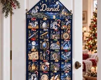 Custom Embroidered Name Dragon Stocking Christmas 2026, Holiday Canvas Calendar, Custom Name Holiday Wall Hanging Gift, Fabric Wall Hanging