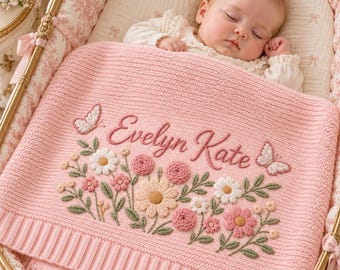 Personalized Baby Blanket, Custom Embroidered Flower Baby Blanket With Name, Floral Welcome Baby Shower Gift for Baby Boy, Baby Girl, Infant