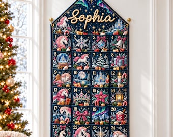 Custom Embroidered Name Unicorn Stocking Christmas 2026, Holiday Canvas Calendar, Custom Name Holiday Wall Hanging Gift, Fabric Wall Hanging