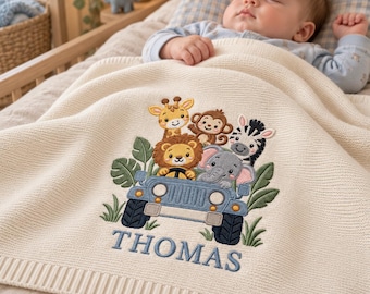 Personalized Embroidered Animal Baby Blanket, Custom Woodland Nursery Gifts, Safari Newborn Blanket, Baby Shower Gift, Welcome Baby Blanket