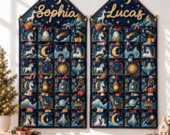 Custom Embroidered Name Unicorn Stocking Christmas 2026, Holiday Canvas Calendar, Custom Name Holiday Wall Hanging Gift, Fabric Wall Hanging