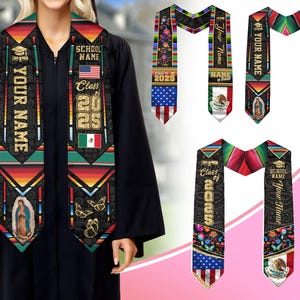 Mexican Graduation Sash, Mexican American Flag Graduation Sash 2025, Mexican Stole, Mexico Graduation Stole 2025, Custom Name & School Stole