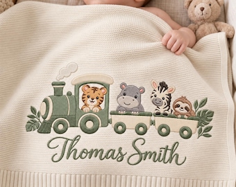 Personalized Embroidered Animal Baby Blanket, Custom Woodland Nursery Gifts, Safari Newborn Blanket, Baby Shower Gift, Welcome Baby Blanket