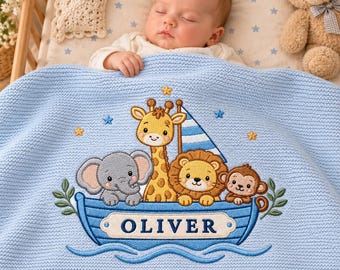 Personalized Embroidered Animal Baby Blanket, Custom Woodland Nursery Gifts, Safari Newborn Blanket, Baby Shower Gift, Welcome Baby Blanket
