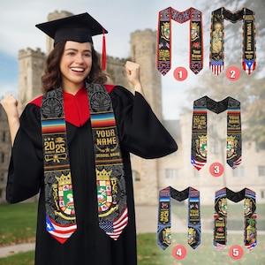 Banda de graduación personalizada con la bandera de Puerto Rico 2025, estola de regalo de graduación de Puerto Rico personalizada, banda de graduación de Puerto Rico 2025