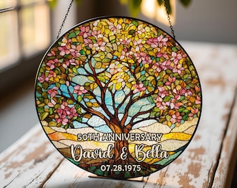 Personalized Tree of Life Anniversary Suncatcher With Name & Date, Custom 50th Wedding Anniversary Stained Glass Gift For Parents