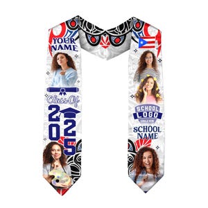 Banda de graduación puertorriqueña con foto personalizada, banda de graduación con la bandera puertorriqueña 2025, estola puertorriqueña, estola de graduación puertorriqueña 2025
