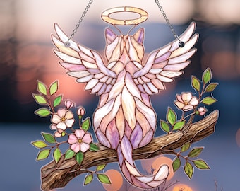 Cat Memorial Stained Glass Suncatcher, Floral Angel Cat Ornament, Cat Mom Dad Gift, Cat Remembrance Window Decor, Pet Loss Gift for Owner