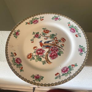 Może przedstawiać: Biały ceramiczny talerz z pozłacanym brzegiem i kwiatowym wzorem z ptakiem w środku. Talerz ma delikatny kwiatowy wzór z różowymi, czerwonymi i zielonymi kwiatami.