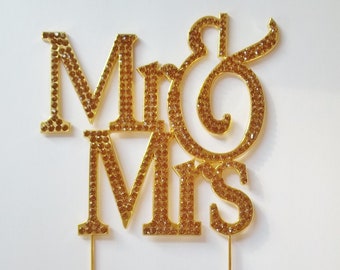 Mr. and Mrs. Gold Rhinestone Cake Topper, Large Metal 4.5" Wedding Cake Monogram Bold Elegant Script Design with Prongs Stainless Steel