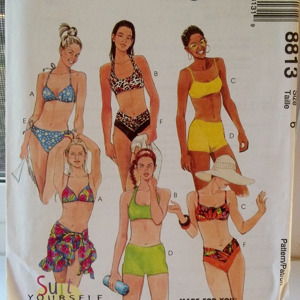 Misses' Swim Wear 8813 Patrón de costura de McCall, trajes de dos piezas, top de bikini, pata de niño o fondo de corte alto, Tamaño Sarong 6 UNCUT Stretch Knit