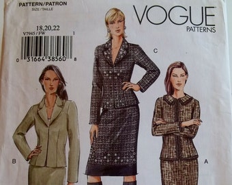Plus Size Jacket or Skirt Vogue V7945 Full Figure Sewing Pattern Fitted, Lined Hip Length Jacket, Straight Lined Skirt Size 18 - 22 UNCUT