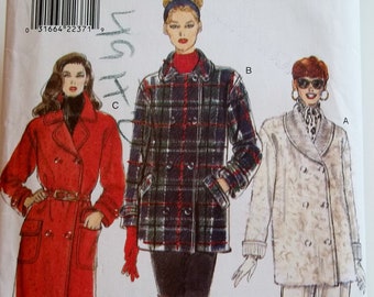 Misses' Double Breasted Lined Coat Loose Fit Pattern Vogue 9345 Sewing Pattern, Shawl or Notched Collar, Cuffs, Tie Belt Size 6 - 10 UNCUT