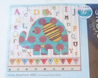 Dimensions Counted Cross Stitch Kit, "Baby Elephant ABC" Wall Sampler, Nursery Decor, Baby Room Wall Hanging Cross Stitch Needlework Kit