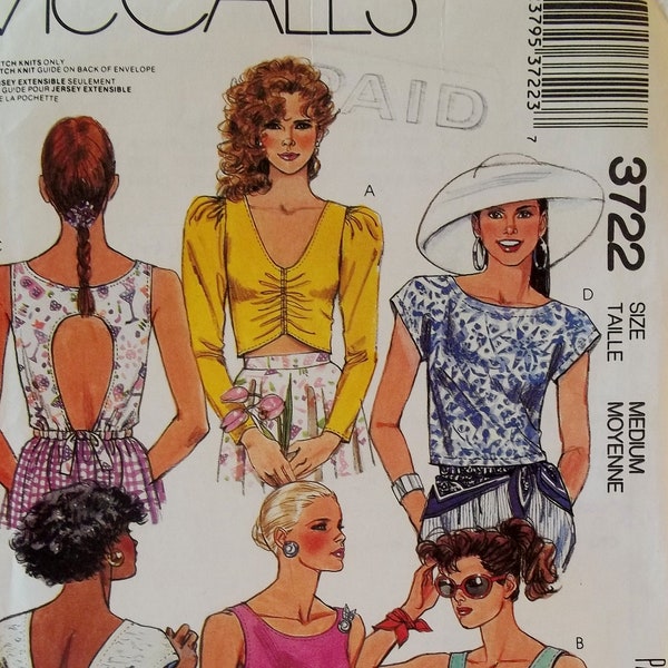 Misses' Stretch Knit Tops McCall's 3722 Sewing Pattern, Ruched Front Sleeveless Knit Blouse, 80's Vintage Pattern, Size 14 - 16 Medium UNCUT