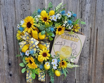 Lemon & Sunflower and Daisy Wreath for Front Door, Rustic Farmhouse Lemonade Sign Blue Thistle Grapevine Wreath Base Door or Wall Decor