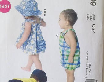 Easy Infant and Toddler Outfits, McCall's M6309 Sewing Pattern, Girl's Ruffled Sundress and Panties, Unisex Romper, Hats Size 13 - 29 lbs.