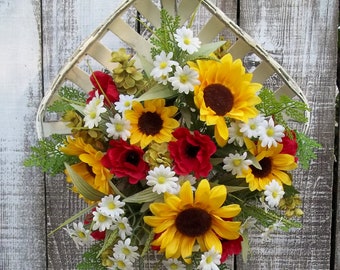 Tobacco Basket Floral Arrangement, Sunflowers, Red Poppies, Mini White Daisies, 12" Sq. White Cottage Style or Farmhouse Decor