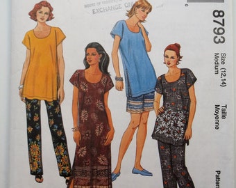 Misses' Easy Wardrobe McCall's 8793 Sewing Pattern U Neck, Side Slit Dress or Tunic Top, Elastic Waist Pants & Shorts,  Size 12 - 14 UNCUT