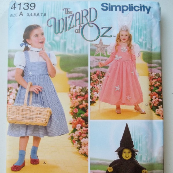 Girl's Wizard of Oz Costumes, Simplicity 4139 Sewing Pattern, Dorothy Dress, Glenda Gown, Wicked Witch Cape, Hat, Crown, Wand Size 3 - 8
