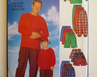 Father and Son Sportswear Outfits Butterick 5286 Easy Sewing Pattern Elastic Waist Pants or Shorts, Long Sleeve Pullover Size S - XL & 2 - 8