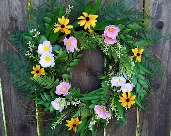 Spring Woodland Floral Wreath for Front Door, Bedroom, Country Wedding Cottage Style Grapevine Wreath Base, Everyday Decor Indoor Wreath