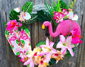 Summer Flamingo Wreath for Front Door, Tropical Hibiscus and Lily Theme, Flip Flop Grapevine Wreath, Coastal Summer or Vacation Home Decor