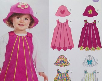 Toddler Flared Jumper Dress w/Appliques New Look 6743, Easy to Sew Baby Girl's Dress Sewing Pattern, Sun Hat Infant Size NB - 24 lbs. UNCUT