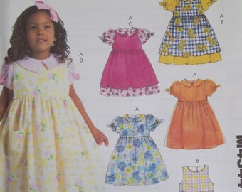 Toddler Girl's Dress and Pinafore Sewing Pattern McCall's M4344 Flared Dress w/Puff Sleeves and Ties, Pinny with Pockets UNCUT Size 4 - 6