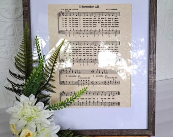 Floral Frame with Hymn "I Surrender All" MDF Barnwood Look with Framed Sheet Music, Cream Dahlias, Pale Yellow Ranunculus, Wedding Gift