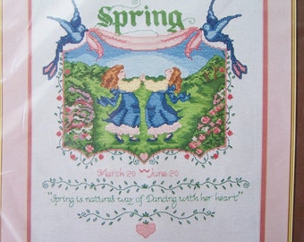 Spring Themed Kit Counted Cross Stitch Kit, Vintage 80's Bernat, Cottage Chic Sampler, Cross Stitch Needlework Kit Destash