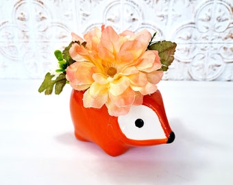 Fox with Spring Flowers Arrangement in Ceramic Planter, Peach & Ivory Flowers, Desk, Dorm, Shelf Decor, Birthday or Appreciation Gift Idea