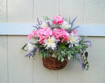 Cottage Style Wall Basket Floral Arrangement, Pink Hydrangeas, Mums & Lavender Flowers, Rustic Cottage or Farmhouse Decor, Everyday Decor