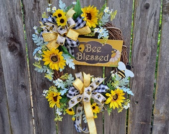 Sunflower &  Bee Front Door Wreath, "Bee Blessed" Everyday Country Rustic Grapevine Wreath, Farmhouse Wall Accent