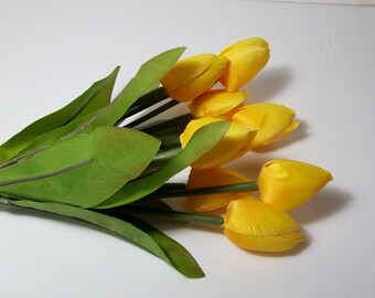 Yellow Tulips 13" Florals w/ 9 Stems Yellow with Green Leaves Realistic Floral Decor for Bouquets, Wreath Making Floral Arranging & Home Use