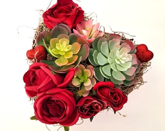 Anniversary Succulent Arrangement, Faux Red Roses and Succulent Decoration, Boho Floral, Heart Tin, Artificial Botanicals Home Decor